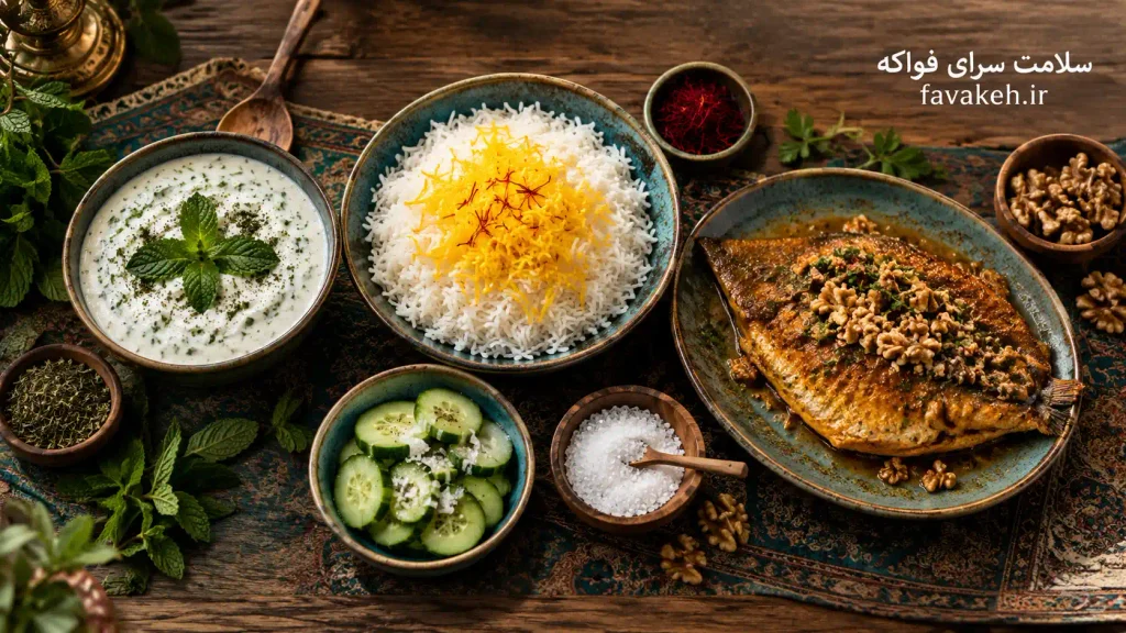 طبع و مصلح غذاها در طب سنتی روی سفره ایرانی با نمایش هر خوراکی در کنار مصلح آن