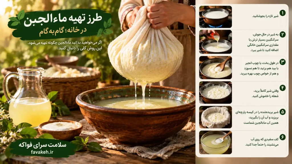 مراحل صاف‌کردن ماءالجبن در کیسه پارچه‌ای