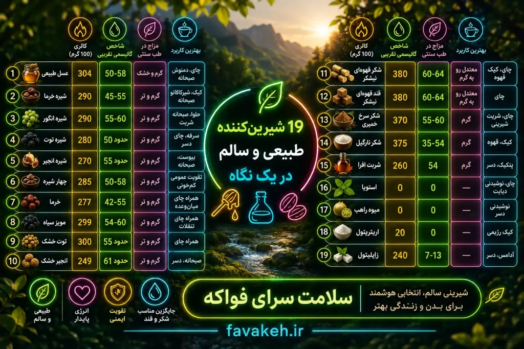 جدول مقایسه بهترین جایگزین قند و شکر